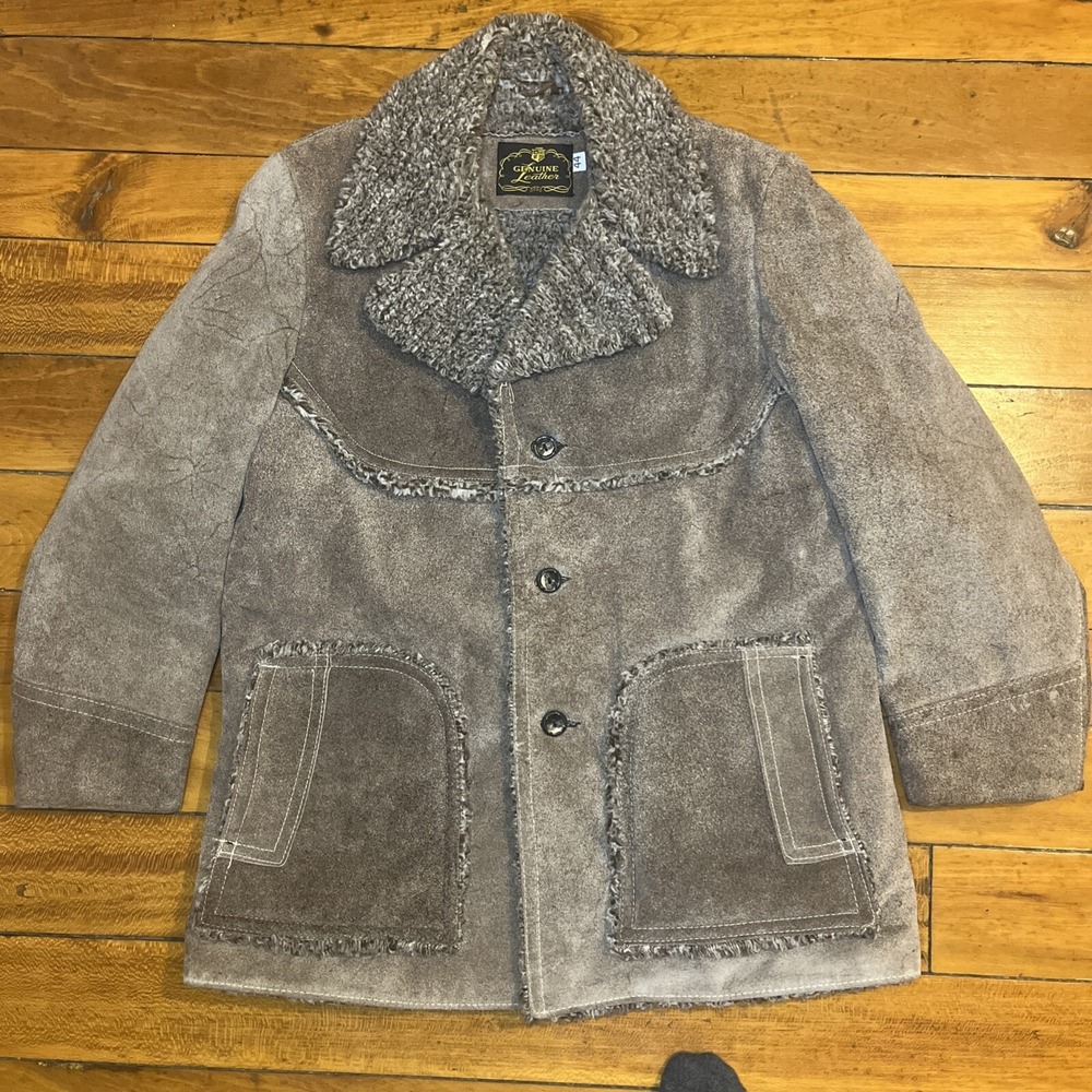 1970s XL Coat Jacket Suede Leather Brown Tan Faux‎ Shearling Western Cowboy Coat